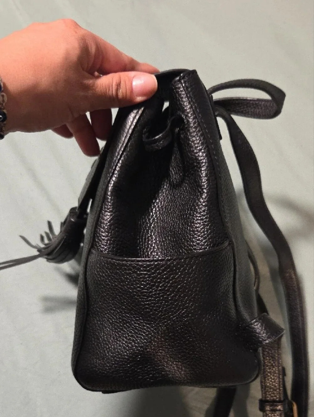 Tory Burch Black Pebbled Leather Tassel Backpack